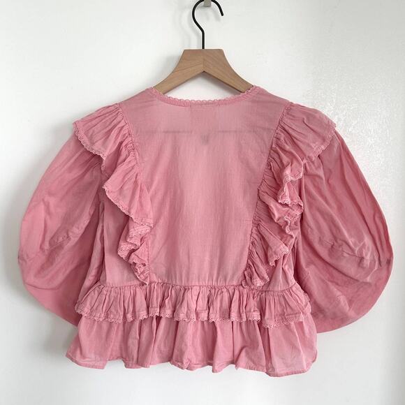 Farm Rio Blush Pink Puff Sleeve V-Neck Cropped Bohemian Blouse Size XS - Picture 7 of 16